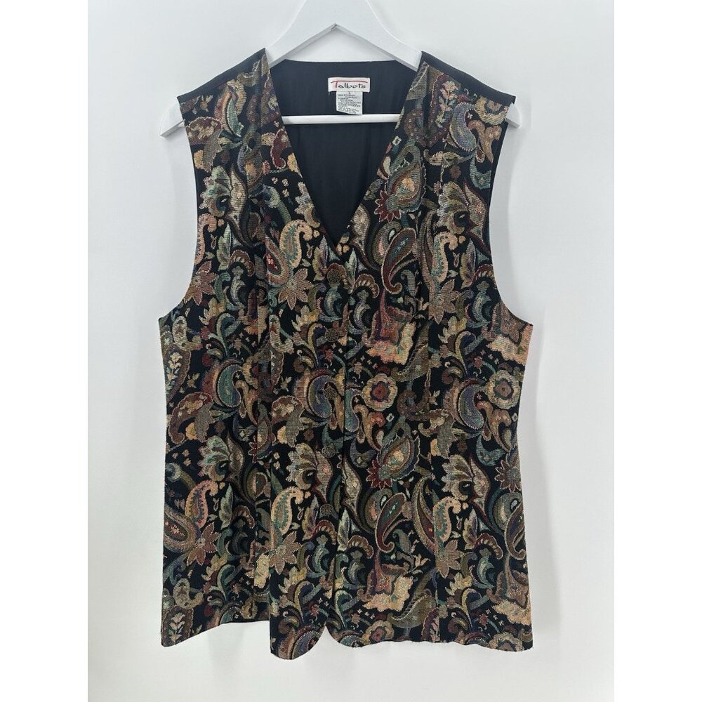 VTG Y2K Talbots Paisley Vest Black‎ Gold Sz L Green Burgundy Shimmery AC34